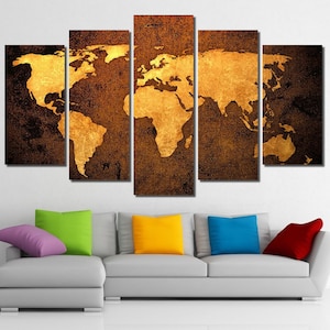 60 "x36" ingelijst enorme 5 panel art wereldkaart Giclee Canvas Print - klaar om op te hangen