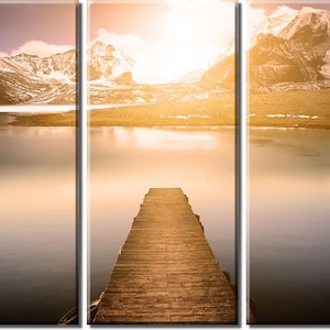 Framed Huge 3-Panel Mountain Lake Sunset Pier Canvas Art Print - Ready to Hang