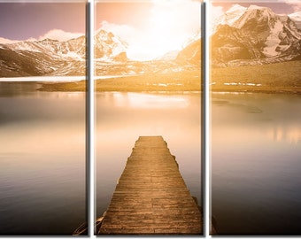 Framed Huge 3-Panel Mountain Lake Sunset Pier Canvas Art Print - Ready to Hang