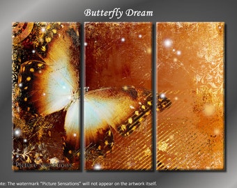 Framed Huge 3 Panel Modern Fantasy Butterfly Dream Giclee Canvas Print - Ready to Hang