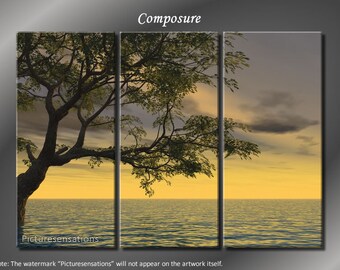 Framed Huge 3 Panel Ocean Tree Composure Giclee Canvas Print - Ready to Hang