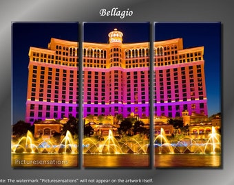 Framed Huge 3 Panel Casino Las Vegas Strip Bellagio Giclee Canvas Print - Ready to Hang