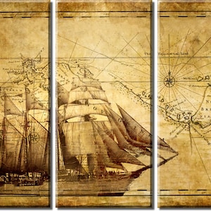 Enmarcado gran aventura 3-Grupo océano vela mapa Vintage lienzo arte grabado - listo para colgar