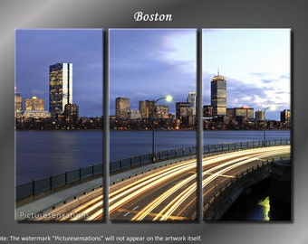 Framed Huge 3 Panel Boston Skyline Downtown Giclee Canvas Print - Ready to Hang