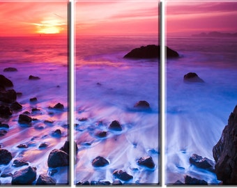 Framed Huge 3-Panel Purple Ocean Beach Sunset Canvas Art Print - Ready to Hang