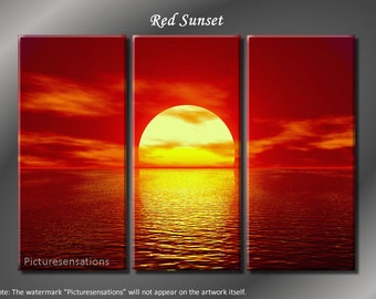 Framed Huge 3 Panel Serenity Ocean Wave Red Sunset Canvas Print - Ready to Hang