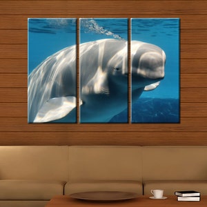 Framed Huge 3-Panel Ocean Sea World White Beluga Whale Art Canvas Art Print Ready to Hang image 2