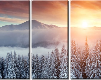 Framed Huge 3-Panel Snow Mountain Sunset Canvas Art Print - Ready to Hang