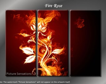 Framed Huge 3 Panel Modern Abstract Floral Fire Rose Giclee Canvas Print - Ready to Hang