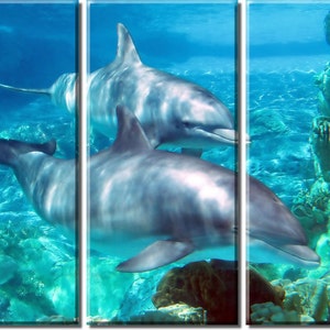 Framed Huge 3-Panel Ocean Sea World Dolphin Canvas Art Print - Ready to Hang