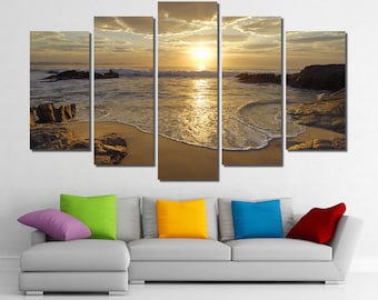 60"x36" Framed Huge 5 Panel Art Sunrise Sea Ocean Wave Sunset Beach Canvas Giclee Canvas Print - Ready to Hang