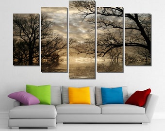 60"x36" Framed Huge 5 Panel Art Landscape Forest Lake Revive Giclee Canvas Print - Ready to Hang