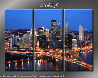 Framed Huge 3 Panel City Bridge Skyline Pittsburgh Giclee Canvas Print - Ready to Hang