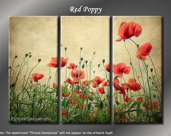 Framed Huge 3 Panel Flower Floral Red Poppy Giclee Canvas Print - Ready to Hang