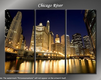 Framed Huge 3 Panel City Skyline Downtown Chicago River Giclee Canvas Print - Ready to Hang