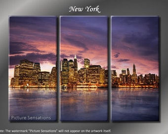 Framed Huge 3 Panel Modern Manhattan New York Skyline Giclee Canvas Print - Ready to Hang