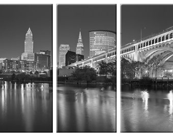 Framed Huge 3 Panel City Skyline Cleveland Giclee Canvas Print - Ready to Hang