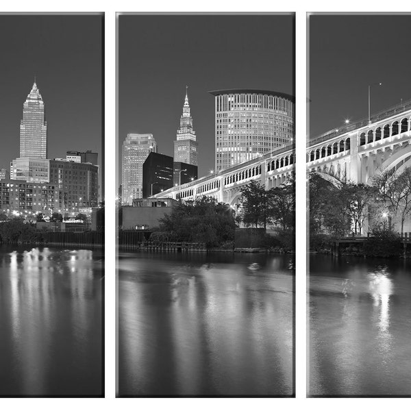 Framed Huge 3 Panel City Skyline Cleveland Giclee Canvas Print - Ready to Hang