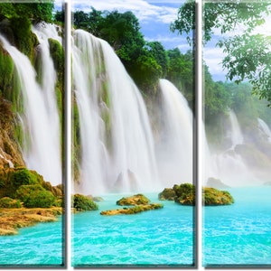 Framed Huge 3-Panel Mountain Cliff Waterfall Canvas Art Print - Ready to Hang