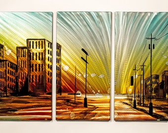 Modern Abstract Painting Metal Wall Art Sculpture Cityscape Sunset City