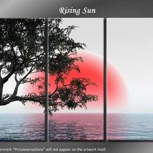 Framed Huge 3 Panel Ocean Tree Rising Sun Giclee Canvas Print - Ready to Hang