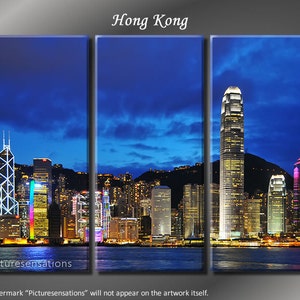 Framed Huge 3 Panel Modern Art Skyline Hong Kong Giclee Canvas Print - Ready to Hang