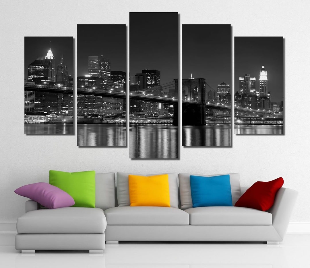 60x36 Framed Huge 5 Panel Art New York NY Manhattan Brooklyn Bridge ...