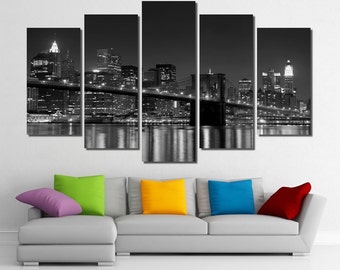 60"x36" Framed Huge 5 Panel Art New York NY Manhattan Brooklyn Bridge Giclee Canvas Print - Ready to Hang