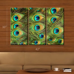 Framed Huge 3 Panel Modern Beauty Peacock Feather Giclee Canvas Print Ready to Hang image 3