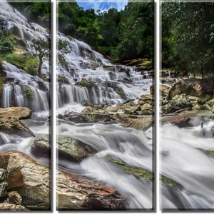 Framed Huge 3-Panel Creek Water Flowing Rocks Canvas Art Print - Ready to Hang