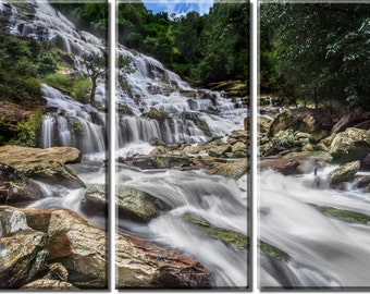 Framed Huge 3-Panel Creek Water Flowing Rocks Canvas Art Print - Ready to Hang