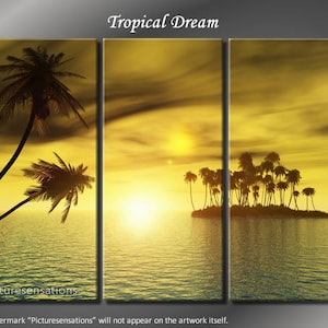 Framed Huge 3 Panel Tropical Palm Tree Sunset Poise Giclee Canvas Print - Ready to Hang