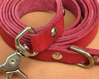 Full grain hand made leather pet leash, 3/4 inch x 84 inch, Hand Dyed Firehouse Red with Brass Hardware