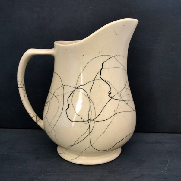 Vintage Brush McCoy Chromoveil Pitcher | White and Black String Design | Rare Cobweb Pattern | Brush-McCoy