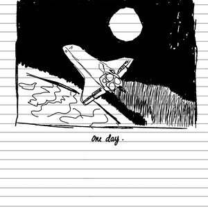 Puede incluir: Un dibujo en blanco y negro de una lanzadera espacial volando por el cielo nocturno con una luna llena en el fondo. El texto "one day." está escrito debajo de la lanzadera.