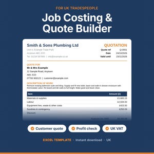 May include: A digital job costing and quote builder template for UK tradespeople. The document displays a Smith & Sons Plumbing Ltd quotation with itemised costs for materials, labour, and equipment. Includes buttons for customer quote, profit check, and UK VAT.