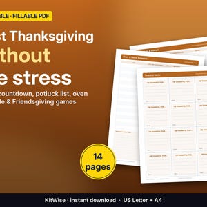 Puede incluir: Un conjunto de planificador de Acción de Gracias en PDF imprimible y rellenable de 14 páginas. El texto dice Host Thanksgiving without the stress, Menu, countdown, potluck list, oven schedule & Friendsgiving games, KitWise instant download US Letter + A4.