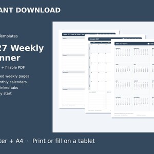 Puede incluir: Una plantilla digital de planificador semanal 2027 con páginas PDF imprimibles y rellenables. El diseño incluye 53 páginas semanales fechadas, 12 calendarios mensuales y pestañas con hipervínculos, disponible en tamaño A4.