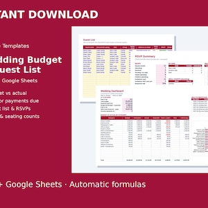 Puede incluir: Una plantilla digital de presupuesto de boda y lista de invitados para Excel y Google Sheets. El documento incluye una lista de invitados, resumen de RSVP y un panel de control con columnas de presupuesto frente a gastos reales y pagos.