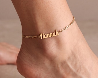Name Anklet, Custom Name Figaro Chain Ankle Bracelet in Sterling Silver or Gold, Personalized Summer Beach Jewelry