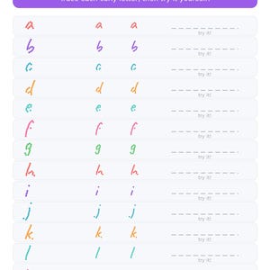 May include: A cursive writing practice worksheet titled Cursive Writing Fun! Trace each curly letter, then try it yourself! The page features rows of lowercase letters from a to m in various colors, with dotted lines for practice.