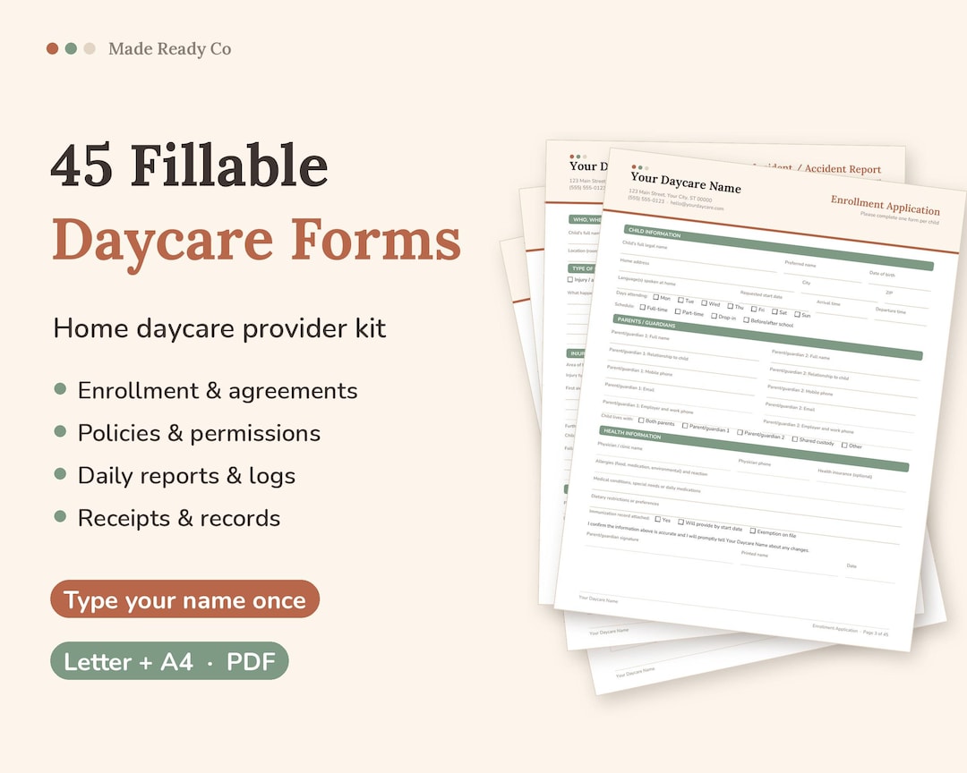 Home Daycare Forms Bundle, 45 Fillable Childcare Forms, Daycare Starter ...