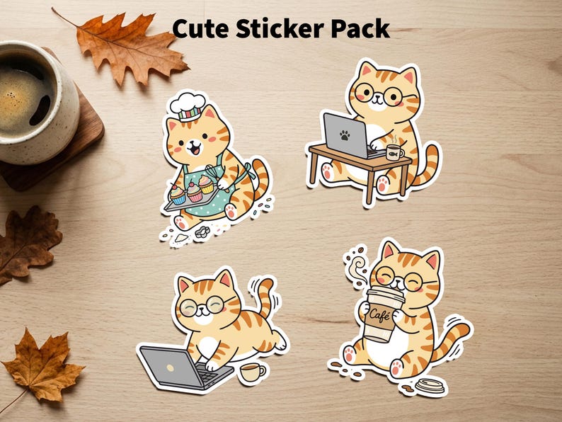 Cute Coffee Cats Clipart, Freelance Laptop Ginger Cat, Chef Baker Cat ...