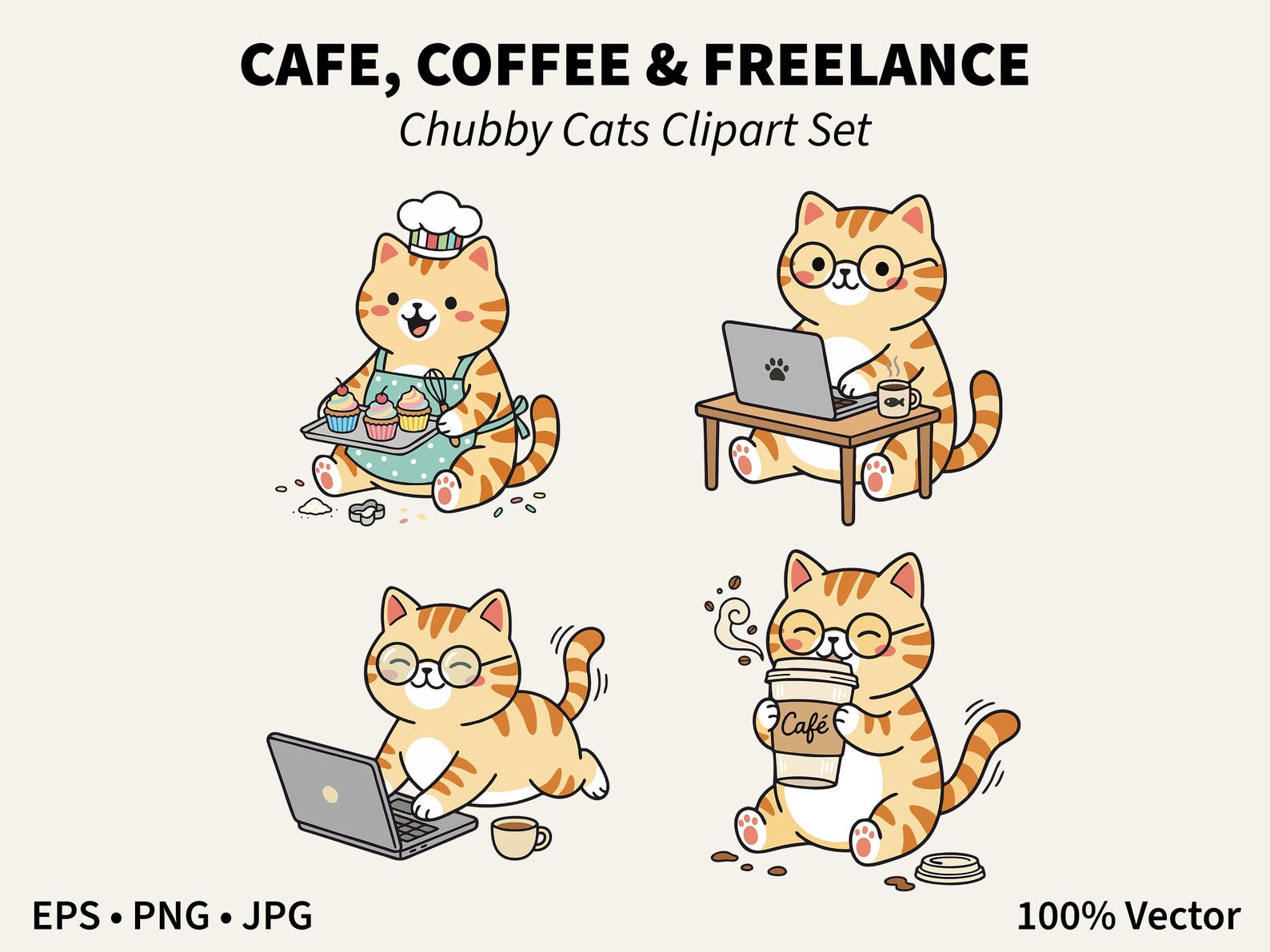 Cute Coffee Cats Clipart, Freelance Laptop Ginger Cat, Chef Baker Cat ...