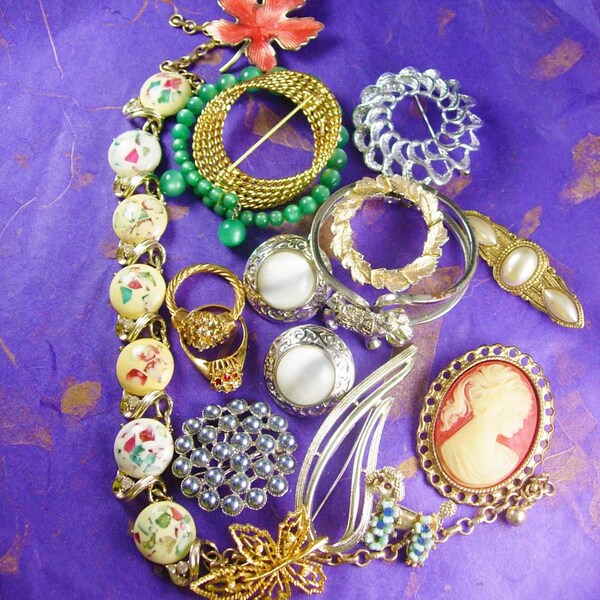 Vintage Costume Jewelry lot Women's Fashions from wrist to Ears includes Signed Pieces Brooch Bracelet ring earrings