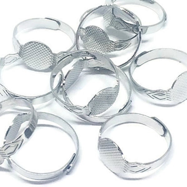 10 Adjustable Ring Blanks 10mm Glue Pad in Silver