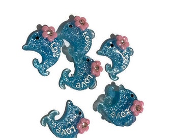 4  Pieces.  Blue Shimmer Dolphin Charms