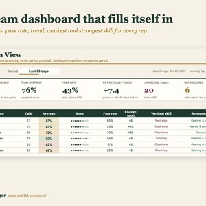 May include: A digital team dashboard titled Team View displaying sales call performance metrics. The interface includes columns for calls reviewed, team average, pass rate, and individual representative data with specific skill analysis.