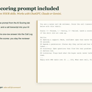 May include: A digital document titled AI scoring prompt included with instructions for using AI in sales call reviews. It features a list of steps and a text box containing a rubric for scoring call transcripts with skills S1 through S4.