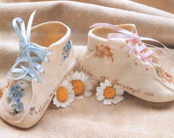 Hand Poured & Hand Painted Bisque Porcelain Baby Shoe Keepsake Bootie - Boy or Girl - Personalized With Baby's Full Birth Information